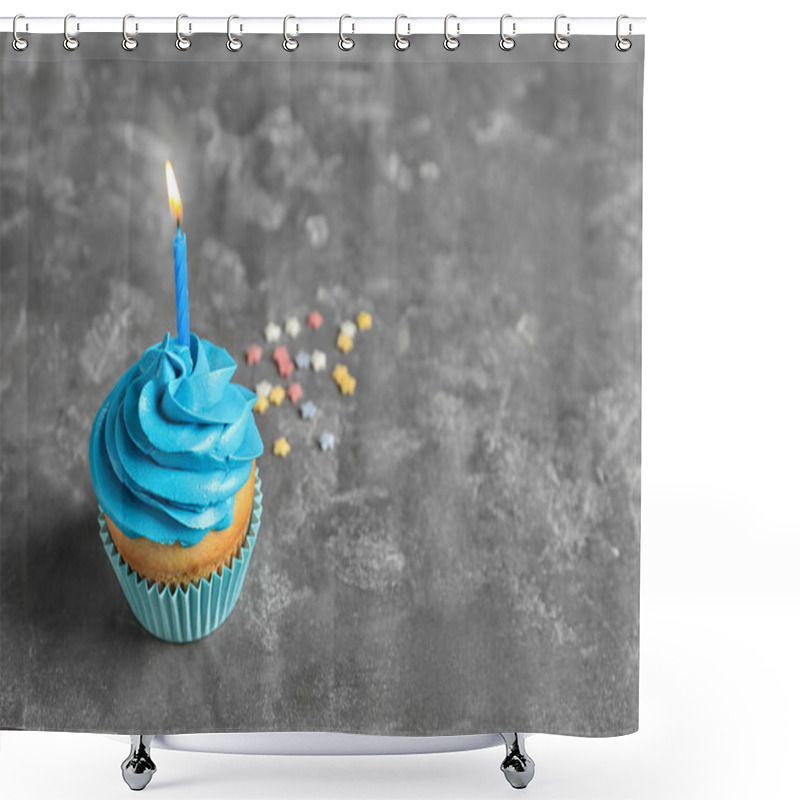 Personality  Delicious Birthday Cupcake With Burning Candle On Table Shower Curtains