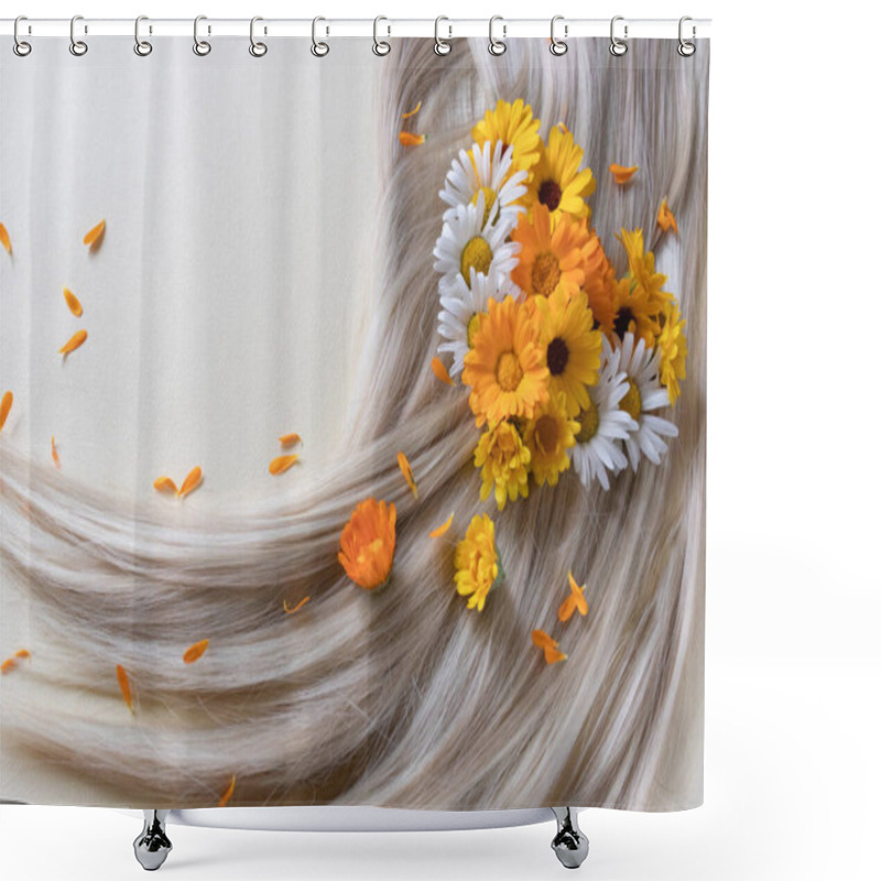 Personality  Blond Hair With Chamomile And Calendula Flowers. Shower Curtains