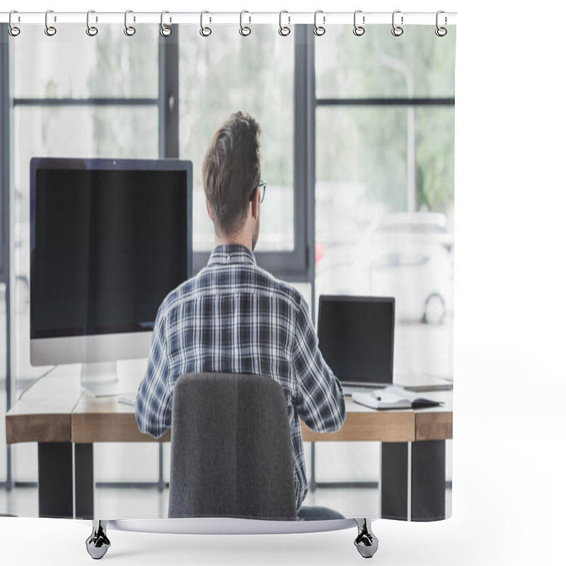 Personality  Back View Of Young Programmer Working With Laptop And Desktop Computer Shower Curtains