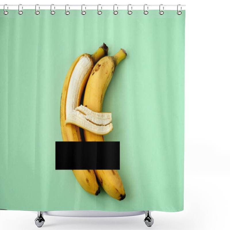 Personality  Two Bananas On A Green Background With Censored Black Line, One Banana Hugs Another With Its Peel Shower Curtains