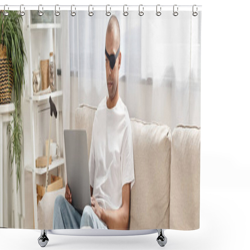 Personality  An African American Man With Myasthenia Gravis Syndrome Is Sitting On A Couch, Using A Laptop, With His Labrador Dog Nearby. Shower Curtains