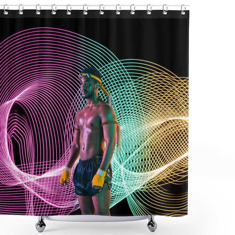 Personality  Creative Sport And Neon Waves On Dark Neon Lighted Line Background Shower Curtains