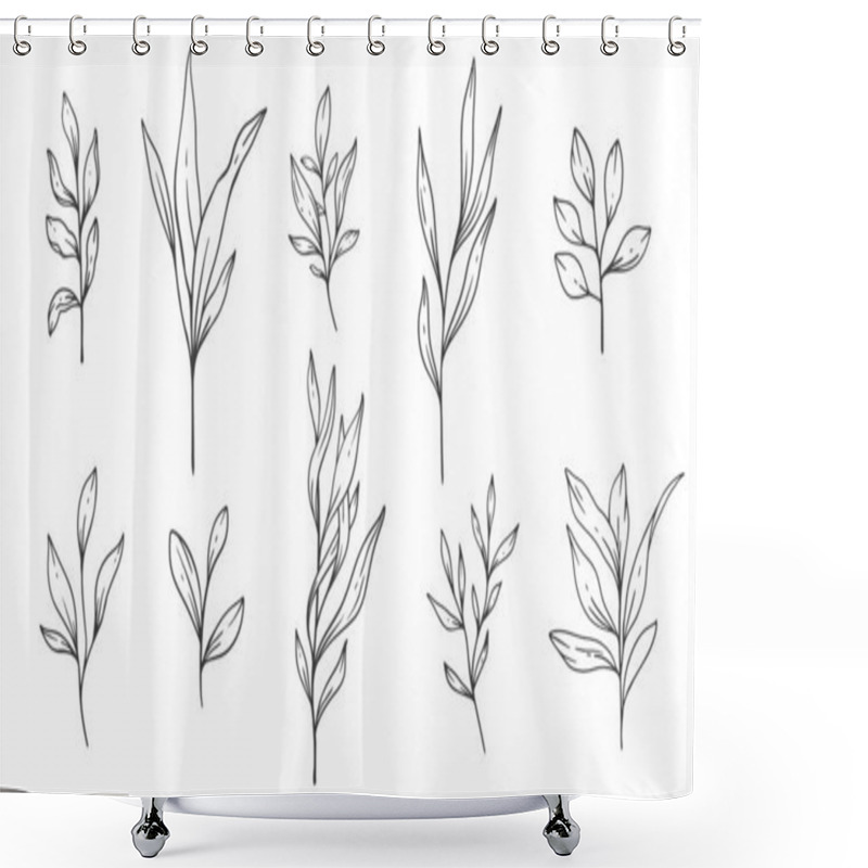 Personality  Floral Frames Line Art, Fine Line Greenery Frames Hand Drawn Illustration. Outline Leaves And Flowers.  Shower Curtains