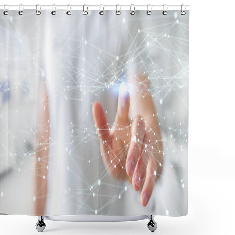 Personality  Dot Flying Network Touched By Businessman 3D Rendering Shower Curtains