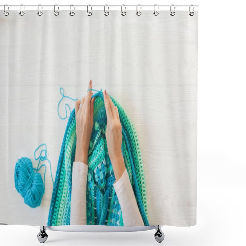 Personality  Women's Hands Are Large. Woman Crochets. Yarn Of Green, Turquois Shower Curtains