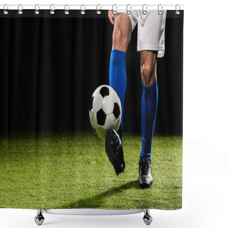 Personality  Cropped View Of Man Playing With Ball On Grass Isolated On Black Shower Curtains