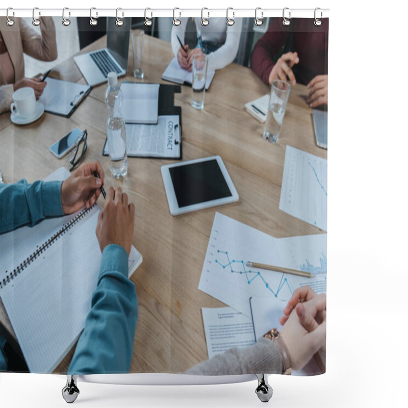 Personality  Cropped View Of Businesspeople Sitting At Desk Near Digital Devices, Notebooks And Documents In Meeting Room Shower Curtains