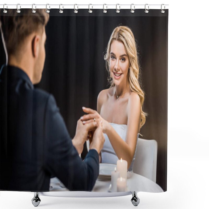 Personality  Young Groom Putting Wedding Ring On Brides Finger On Black Background Shower Curtains