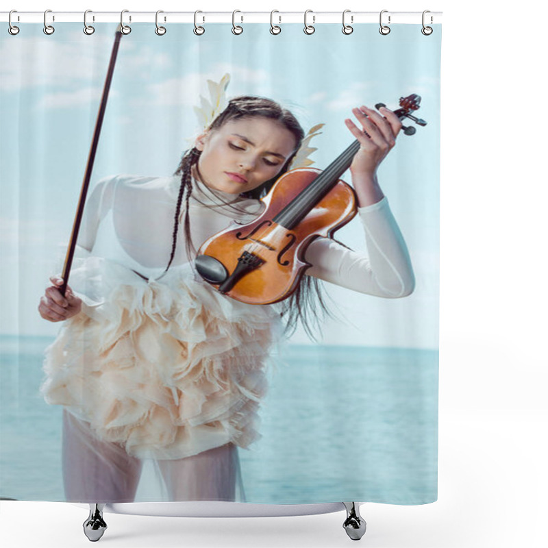 Personality  Tender Woman In White Swan Costume Standing On Blue Sky Background With Violin Shower Curtains