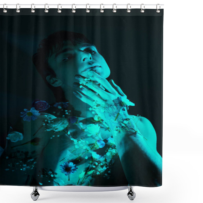 Personality  A Young Man With His Hands In His Mouth, Surrounded By Flowers, With Blue Light Shower Curtains