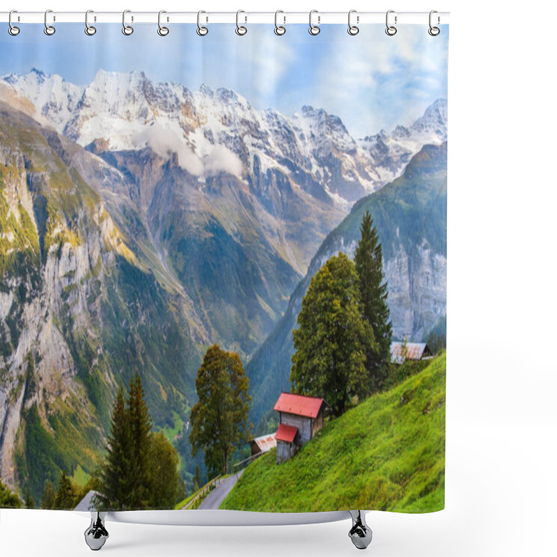 Personality  Stunning Mountain Landscape Of Lauterbrunnen Valley, Switzerland. Hiking Trail From Murren To Gimmelwald Village. Snow Covered Jungfrau Mountain Range, Green Grass And Wooden Houses In Swiss Alps. Shower Curtains