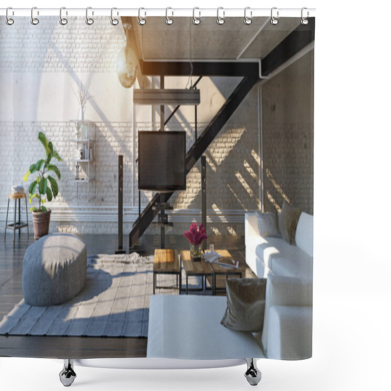 Personality  Modern Loft Living Room Interior In 3D Shower Curtains