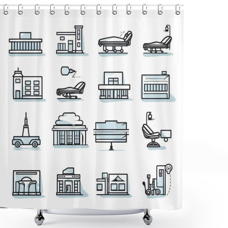 Personality  A Collection Of Minimalist Line Icons Depicting Various Buildings And Furniture, Evoking A Sense Of Modern Design And Functionality. Shower Curtains