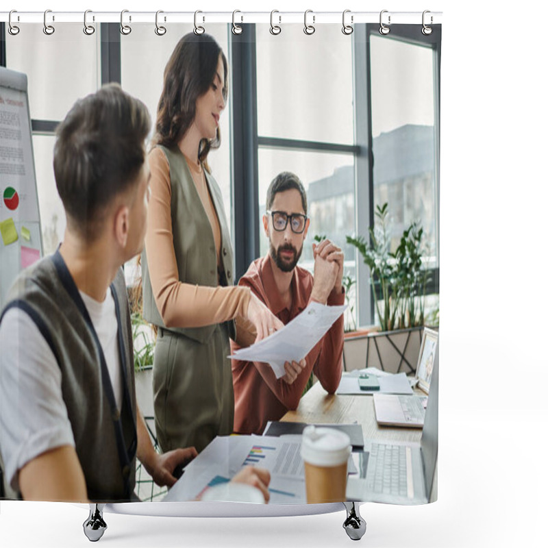 Personality  Colleagues Review Documents While At A Modern Workspace. Shower Curtains