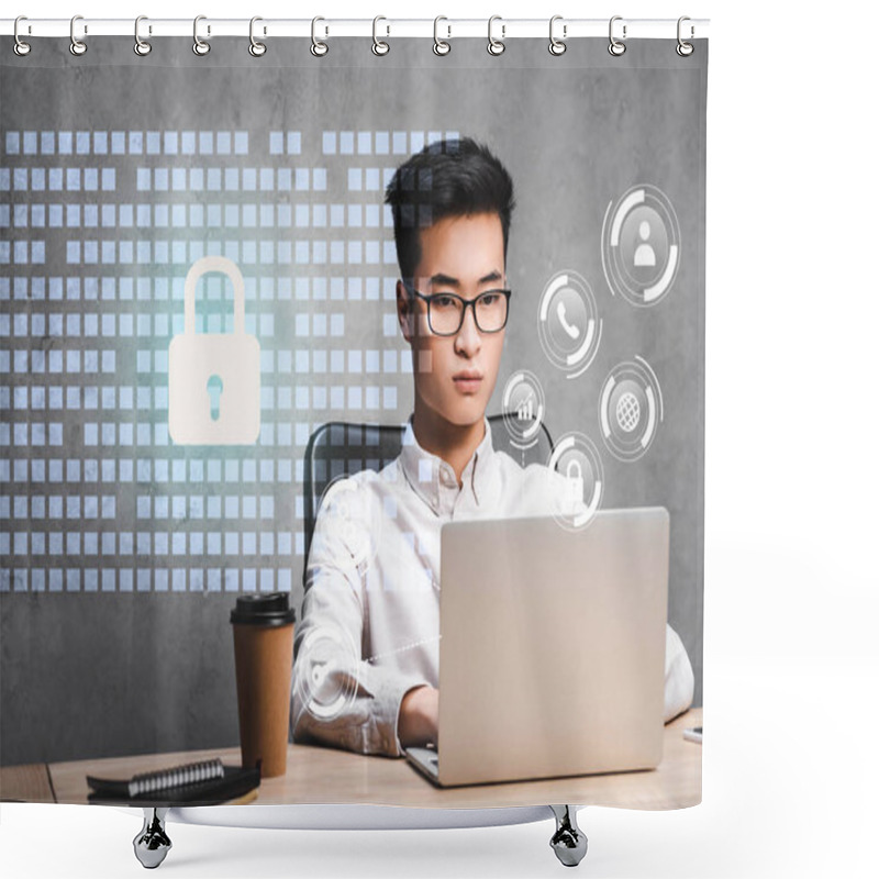 Personality  Asian Businessman Using Laptop And Sitting Near Padlock Illustration  Shower Curtains