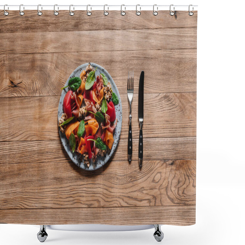 Personality  Top View Of Gourmet Salad With Mussels, Vegetables And Jamon On Wooden Table Shower Curtains