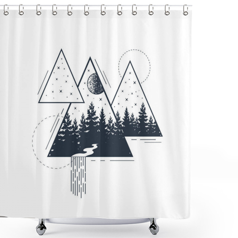 Personality  Hand Drawn Pine Forest Textured Vector Illustration. Double Exposure With Night Sky, River, And Triangles Around. Geometric Style. Shower Curtains