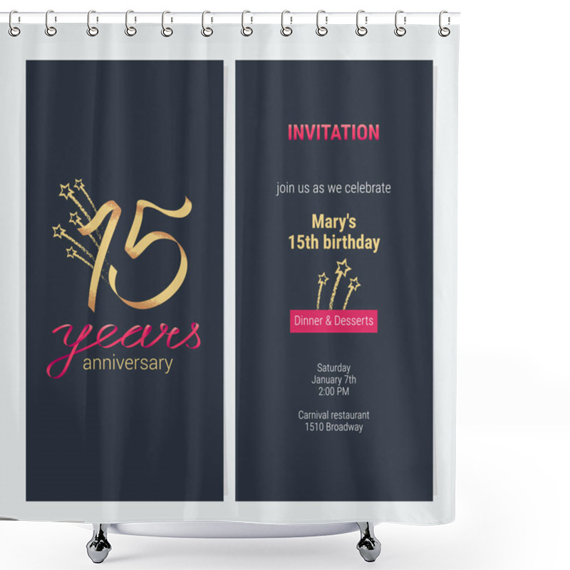 Personality  15 Years Anniversary Invitation To Celebrate Vector Illustration. Design Template Element With Golden Number And Text For 15th Birthday Card, Party Invite Shower Curtains