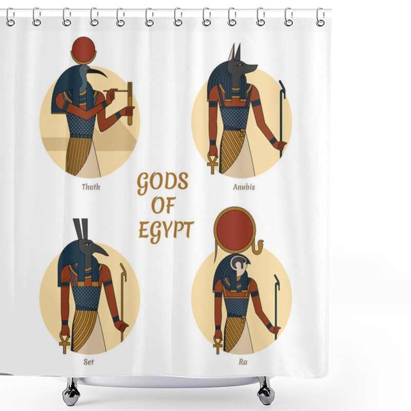 Personality  Illustration Of The Gods And Symbols Of Ancient Egypt Isolated Against The Background Of The Scarab Beetle. Egyptian Gods Thoth, Anubis, Ra And Set. Shower Curtains