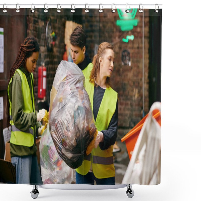 Personality  Young Volunteers In Gloves And Safety Vests Sort Through A Pile Of Garbage Together, Showing Solidarity In Environmental Activism. Shower Curtains