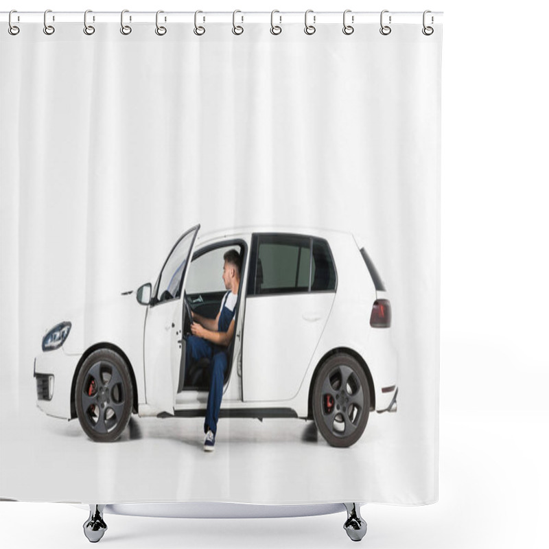 Personality  Side View Of Handsome Auto Mechanic Sitting In Car On White Shower Curtains