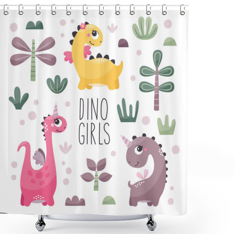 Personality  Cute Vector Set With Dinosaur Girls With Plants, Trees, Bushes, Stones In Trendy Colors Shower Curtains