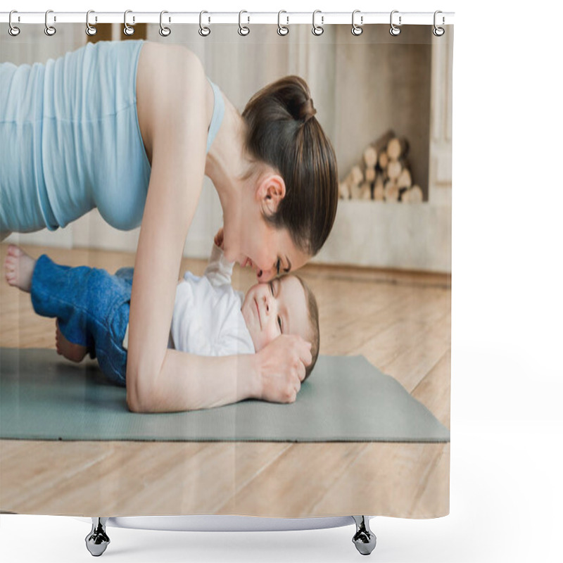 Personality  Mother Doing Plank Exercise With Her Son  Shower Curtains