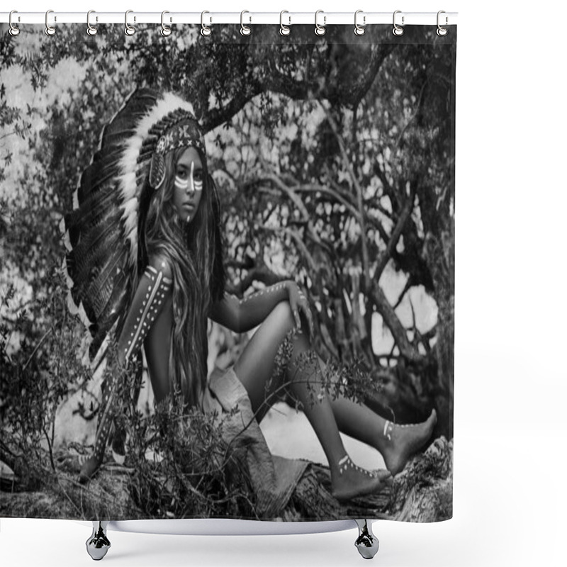 Personality  Beautiful Woman In Primitive Indian Hunter Concept Shower Curtains