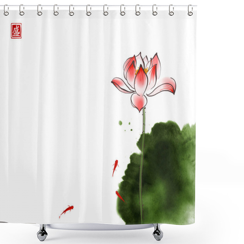 Personality  Lotus Flower, Green Leaf And Three Little Red Fishes On White Background. Traditional Oriental Ink Painting Sumi-e, U-sin, Go-hua. Hieroglyph - Blossom Shower Curtains