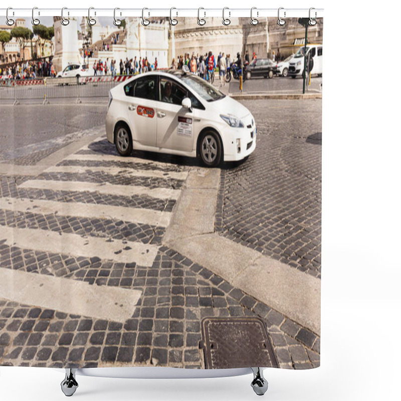 Personality  ROME, ITALY - JUNE 28, 2019: Crowd Of People And Cars On Pavement In Sunny Day Shower Curtains