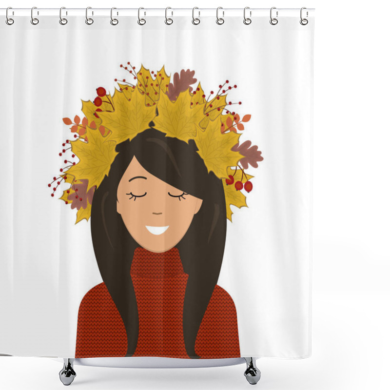 Personality  Portrait Of A Cute Girl In A Wreath Of Autumn Leaves On Her Head. There Are Leaves Of Maple, Oak And Other Trees In The Picture. There Are Also Red Berries Here. Vector Illustration Shower Curtains