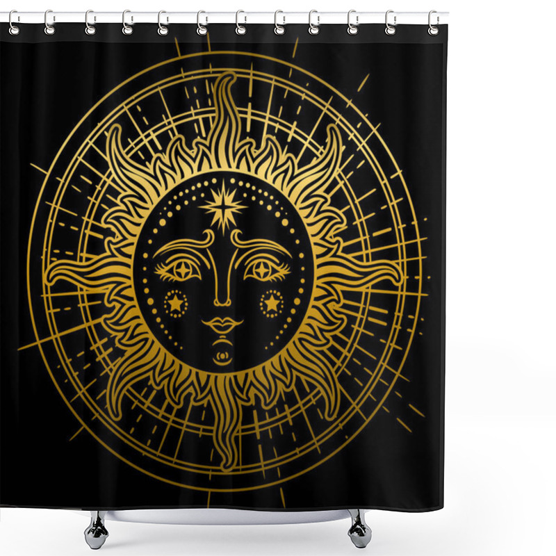 Personality  Vintage Hand Drawn Sun-Moon. Retro Illustration Face Of The Sun, Sun Tattoos, Vintage Graphics. Vector  Illustration. Shower Curtains