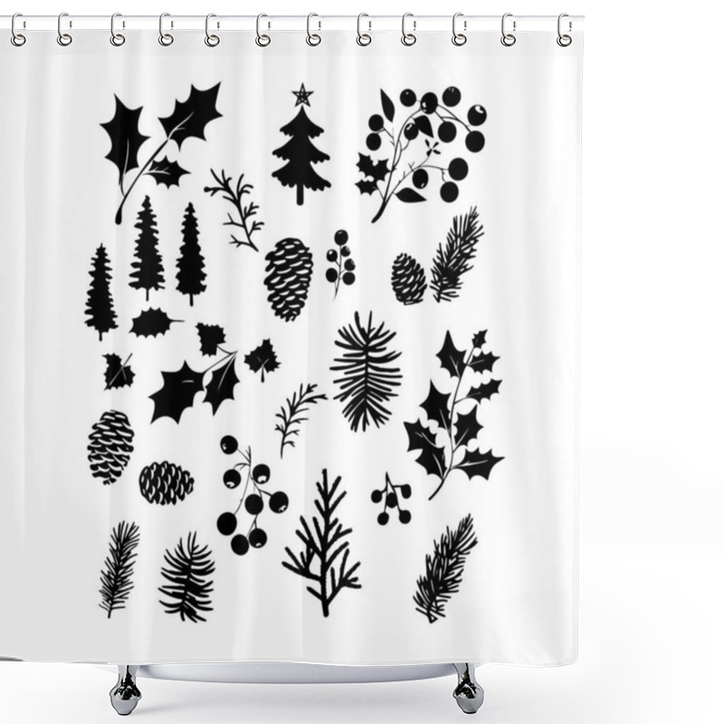 Personality  Set Of Winter Foliage Silhouettes Including Holly, Pinecones, And Berries. Detailed Collection Of Winter Foliage Silhouettes Featuring Holly Shower Curtains