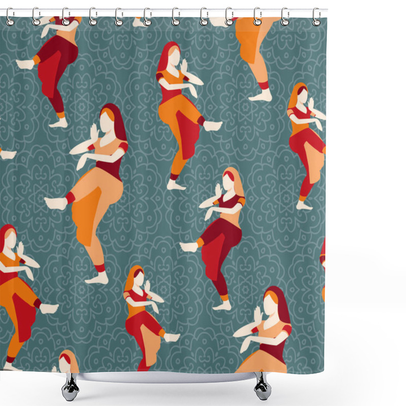 Personality  Indian Woman Dancing Vector Isolated Dancers Silhouette Seamless Pattern Shower Curtains