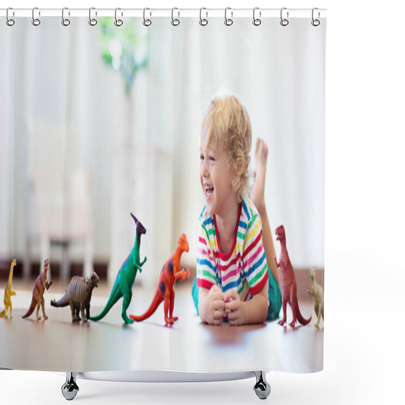 Personality  Child Playing With Toy Dinosaurs. Kids Toys. Shower Curtains