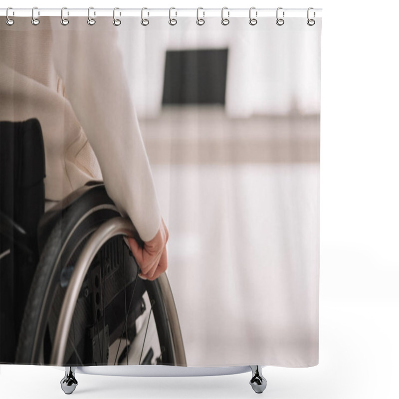 Personality  Disabled Businesswoman Sitting In Wheelchair Near Desk With Laptop  Shower Curtains