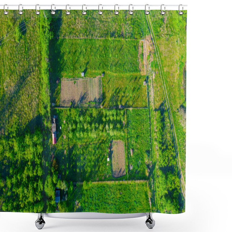 Personality  Above Top View, Overhead, On Green Forest And Several Cultivated Plots With Cottages. Shower Curtains