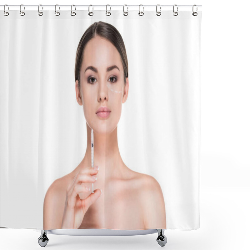 Personality  Attractive Young Woman With Dotted Line Drawn On Face For Plastic Surgery Holding Syringe Isolated On White Shower Curtains