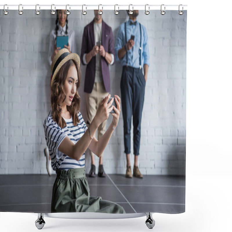 Personality  Stylish Woman Taking Selfie On Smartphone Shower Curtains