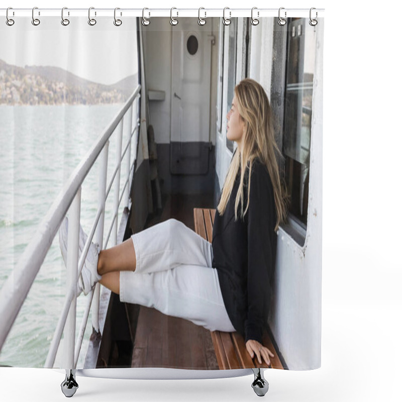 Personality  Blonde Woman In Black Sweater Sitting On Bench While Looking At Sea From Ferry Boat Crossing Bosporus In Istanbul  Shower Curtains