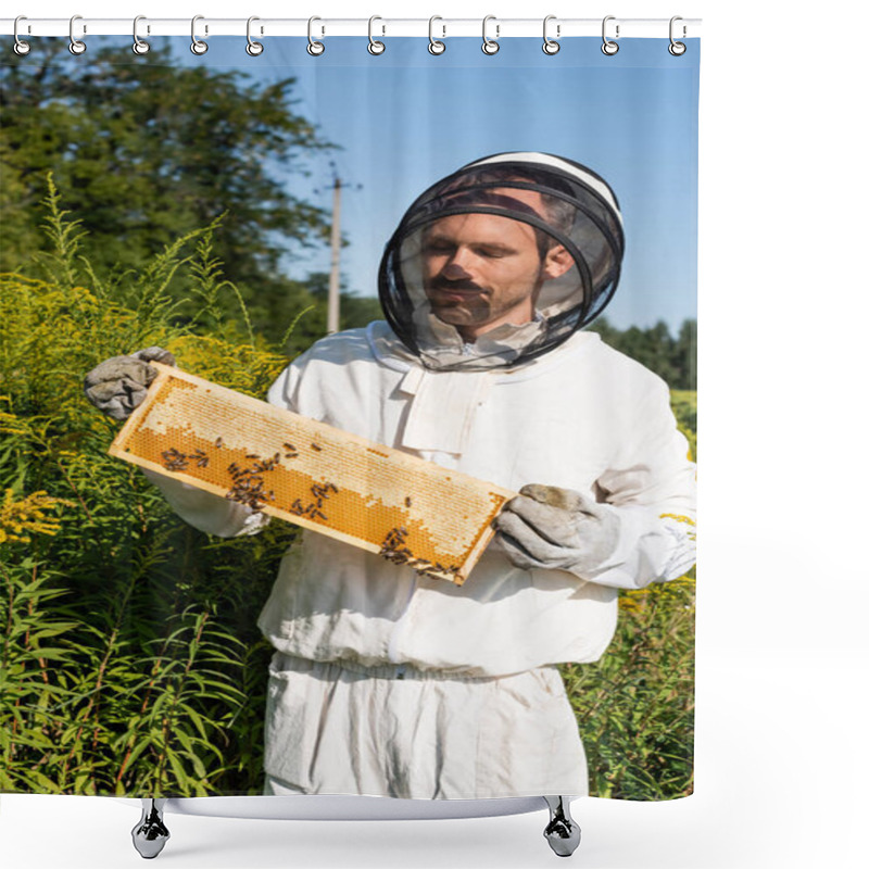 Personality  Beekeeper Holding Honeycomb Frame With Bees In Field With Blossoming Plants Shower Curtains