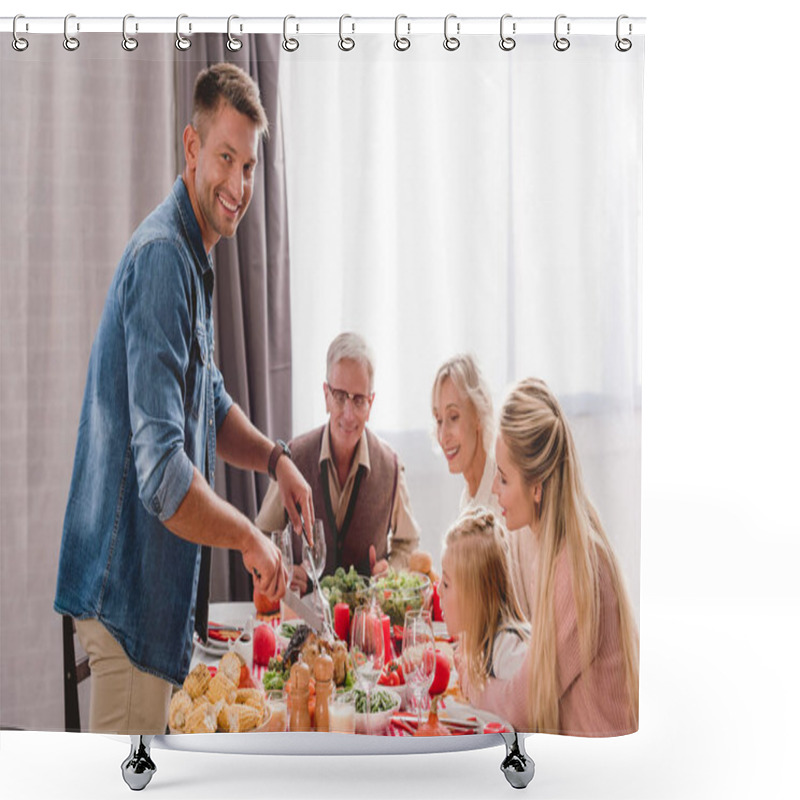 Personality  Family Members Sitting At Table And Father Cutting Tasty Turkey In Thanksgiving Day       Shower Curtains