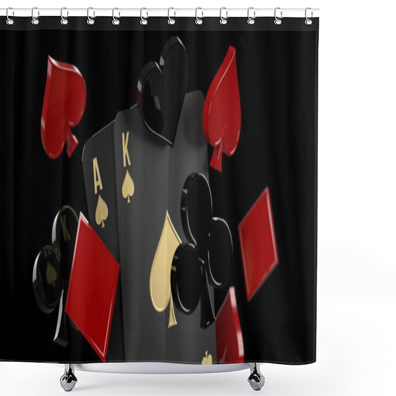 Personality  Luxury Ace And King Playing Cards And Flying Casino Gambling Symbols On Black Background, Copy Space. Online Mobile Applications, Sportsbetting, Poker, Blackjack Games In 3D Render, Clipping Path. Shower Curtains