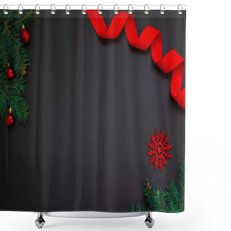 Personality  Christmas Or New Year Dark Background, Christmas Brown Board Framed With Season Red Decorations, Space For A Text, View From Above. Shower Curtains