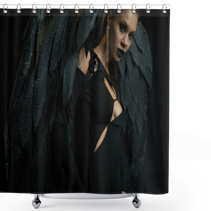 Personality  Seductive Tattooed Woman In Halloween Costume Of Dark Demon With Wings Looking At Camera On Black Shower Curtains