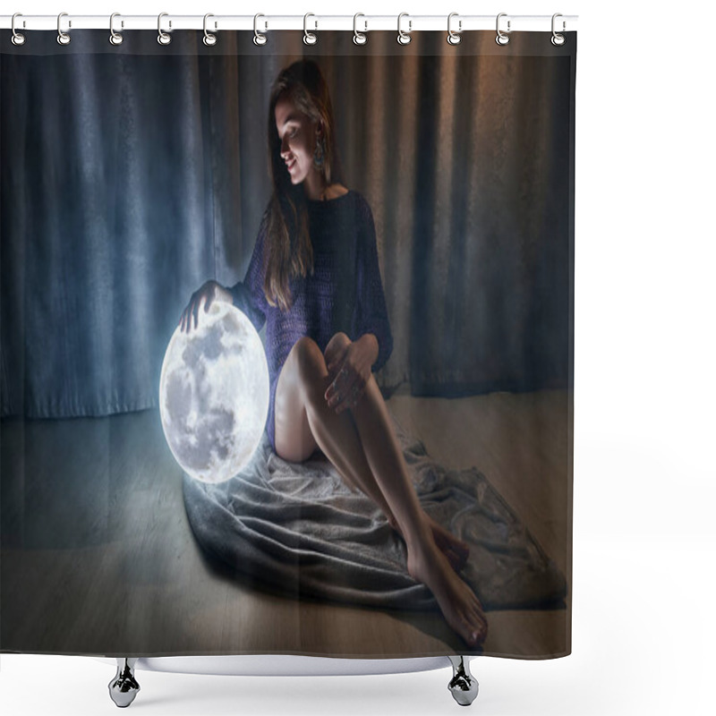 Personality  Attractive Dreaming Woman With The Bright Full Shining Moon At Night Time  Shower Curtains