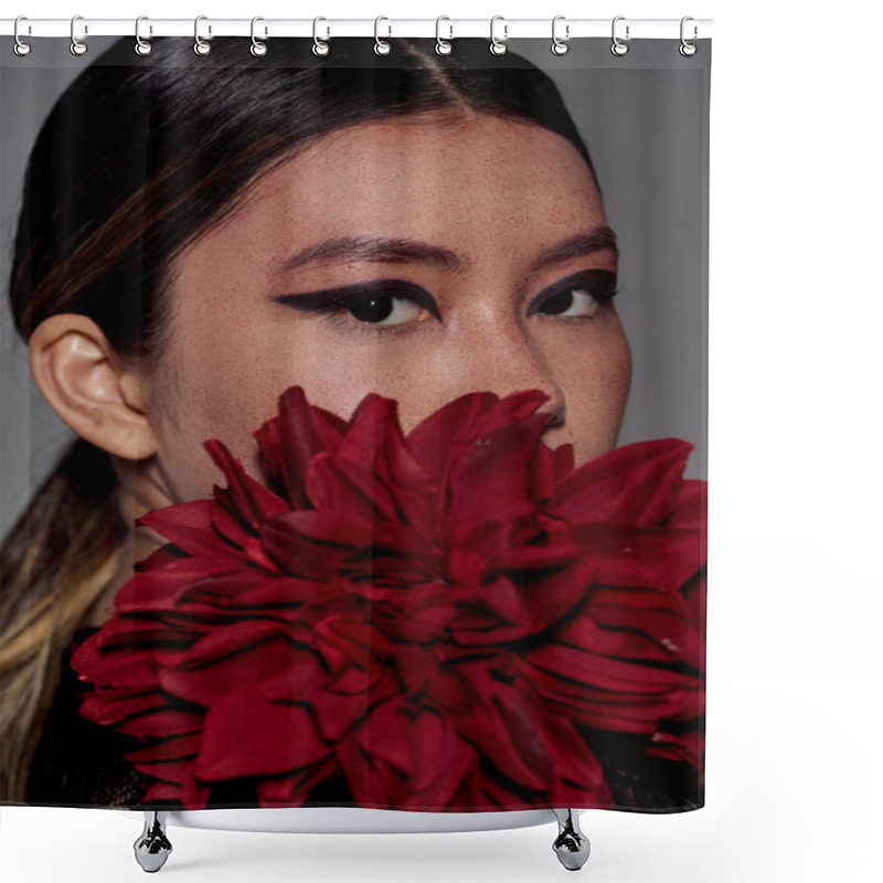 Personality  Woman With Dark Hair And Bold Eye Makeup Holds Vibrant Red Flower. Shower Curtains