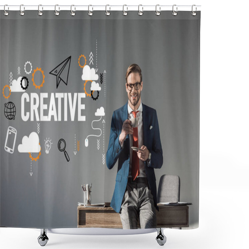 Personality  Smiling Businessman With Cup Of Coffee Sitting On Table And Looking At Camera, Creative Icons On Grey   Shower Curtains