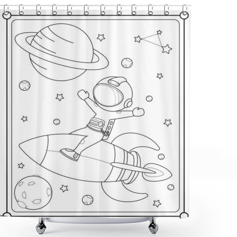 Personality  Cute Astronaut Flying On A Rocket Into Space Suitable For Children's Coloring Page Vector Illustration Shower Curtains