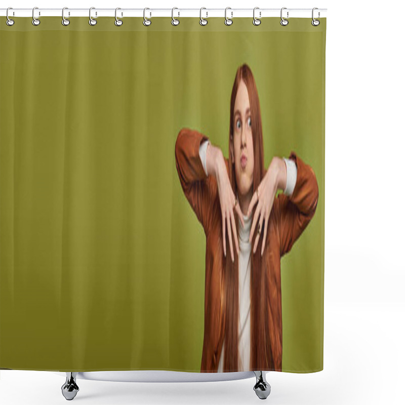 Personality  Young Man With Striking Long Red Hair Showcases A Range Of Emotions Against A Green Backdrop. Shower Curtains